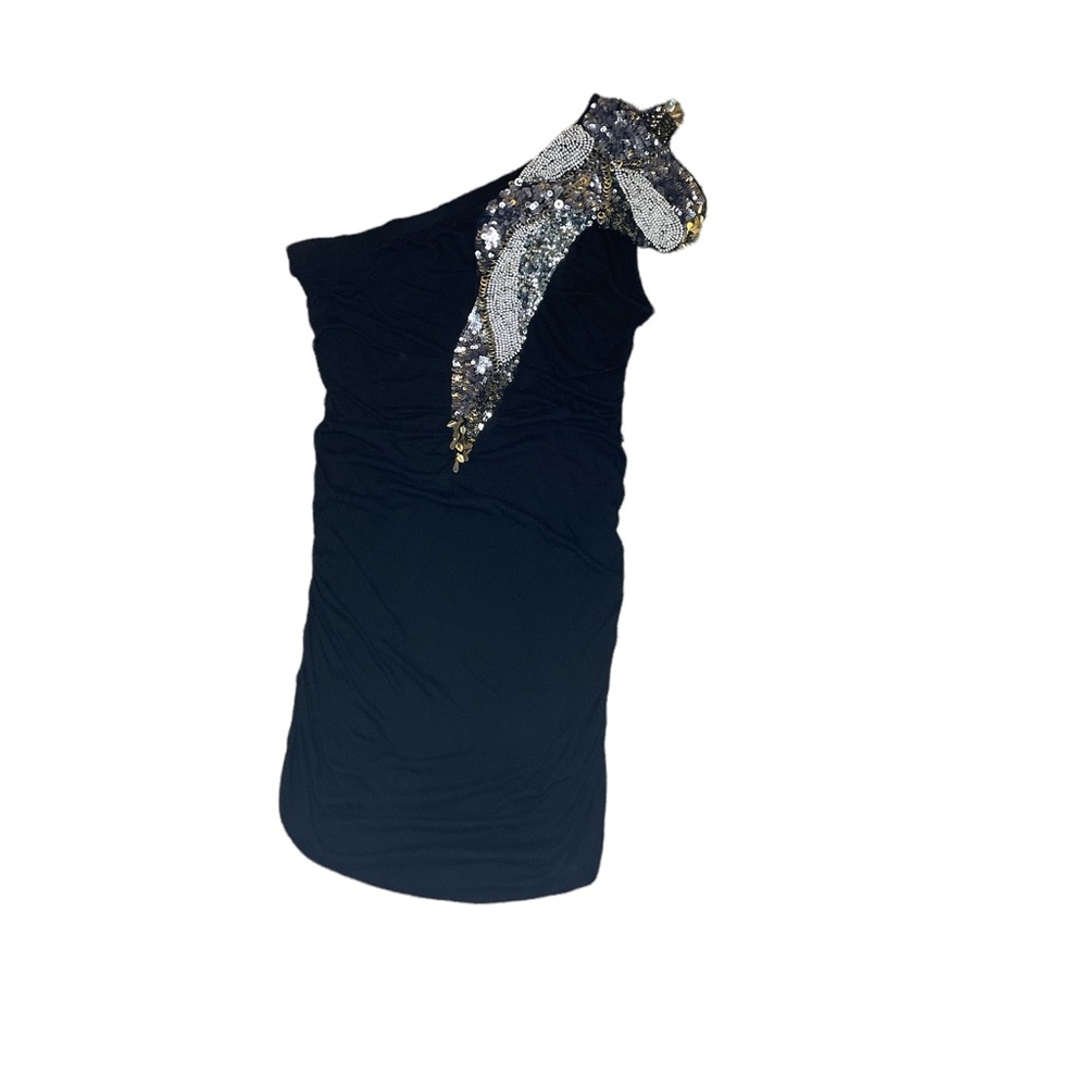Caribbean Queen black One Shoulder Sequined Dress with silver embellishments